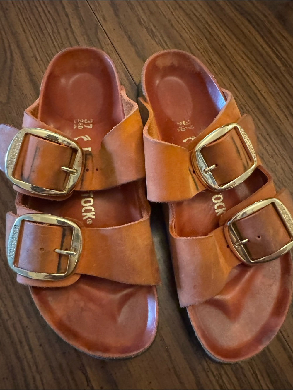 Burnt orange Double-Buckle Slide Sandals with Gold Buckles